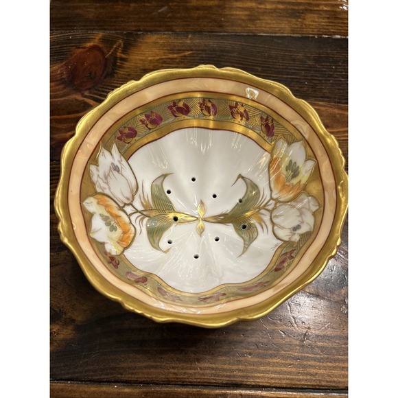 T&V Limoges Other - Antique T&V Limoges France Pickard Hand Painted Berry Bowl‎ Strainer Gold Gilt